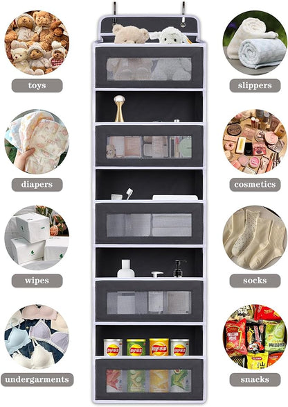 Over The Door Organizer 44LB Capacity with 5 Large Pockets & 10 Mesh Side Pockets, Clear Window Anti-Tilt Hanging Storage for Nursery, Bathroom, Pantry - Dark Grey, 1 Pack