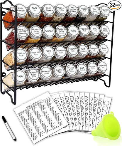 SWOMMOLY Spice Rack Organizer with 32 Empty Square Glass Spice Jars, 386 White Spice Labels with Chalk Marker and Funnel Complete Set, Seasoning Organizer for Countertop, Cabinet or Wall Mount