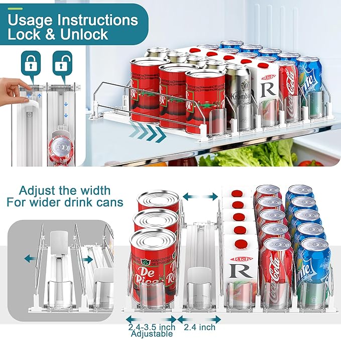 Upgraded Drink Organizer for Fridge, Space-Saving Fridge Drink Organizer, Automatic Pusher Glide and Adjustable Width Drink Dispenser for Fridge - Holds Up to 20 Cans (5 Rows White)