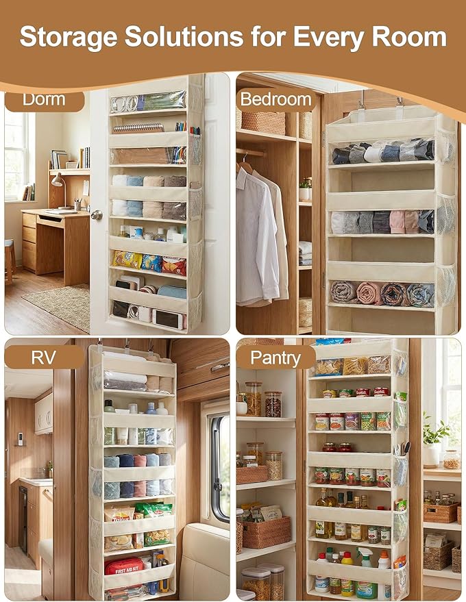 Over the Door Organizer 5-Shelf Closet Hanging Storage with 10 Mesh Pockets, 50 lbs Weight Capacity Door Organizer Hanging for Bathroom, Bedroom, Baby Nursery and Pantry, Ivory