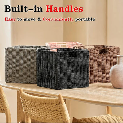 Vagusicc Wicker Storage Basket, Set of 2 Hand-Woven Wicker Basket, Foldable Cube Storage Bin, Black Storage Basket, Square Storage Baskets for Organizing Shelves & Decor, Black (11″×11″×11″)