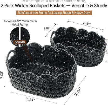 Coeusy Wicker Scalloped Basket Set of 2,Woven Storage Baskets for Shelves,Closet,Laundry,Gift,Towels,Books,Toys,Waterproof Decor Basket for Organizing,Black Oval