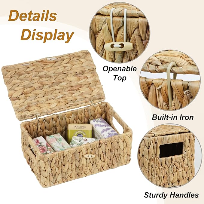 Small Wicker Basket with Lid, Natural Water Hyacinth Storage Baskets for Organizing, Rectangular Woven Basket for Storage, Decorative Boxes Bins with Lids and Built-in Handles (10.2" x 6.3" x 3.9")