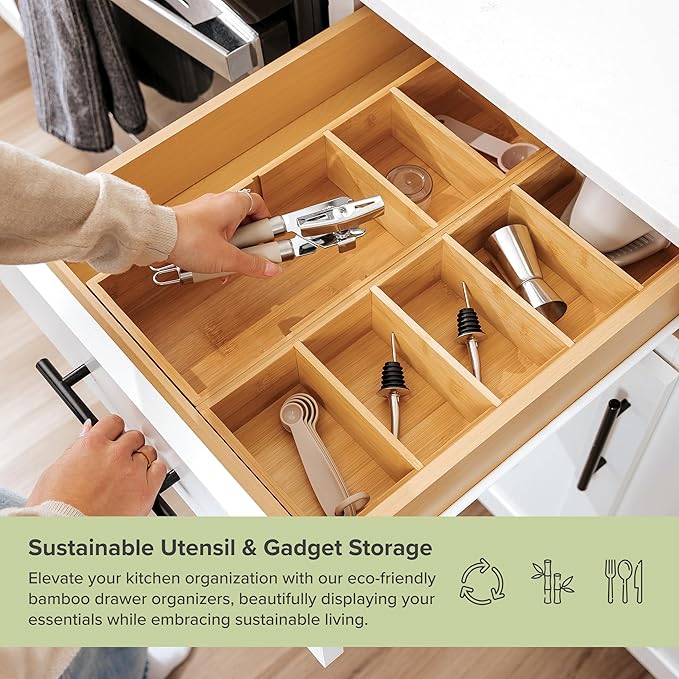 KitchenEdge Premium Kitchen Utensils and Junk Drawer Organizer – Small 5-Compartment Design with 4 Removable Dividers, Non-Slip Feet, 100% Sustainable Bamboo, 2 Pack