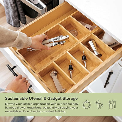 KitchenEdge Premium Kitchen Utensils and Junk Drawer Organizer – Small 5-Compartment Design with 4 Removable Dividers, Non-Slip Feet, 100% Sustainable Bamboo, 2 Pack