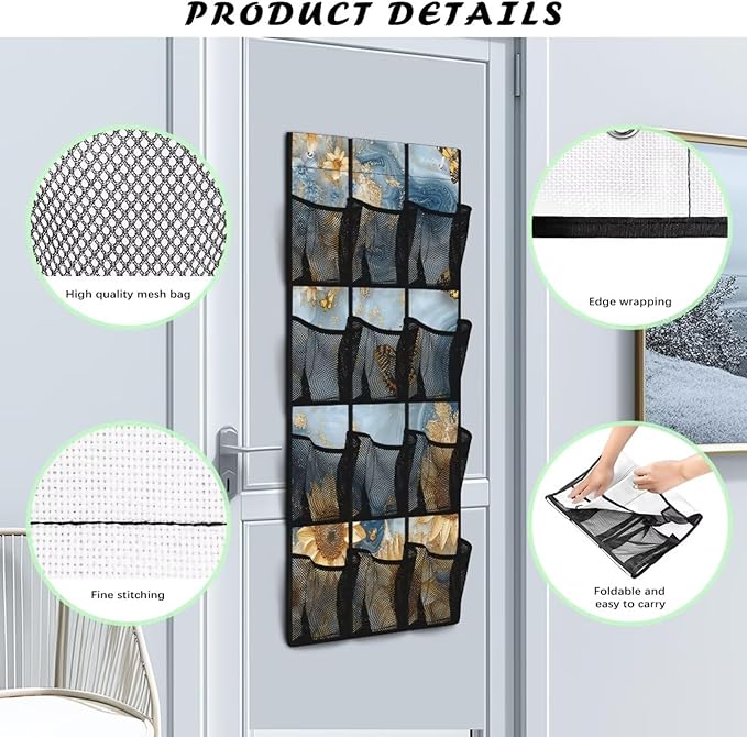 Marble Behind Door Organizer 12 Pockets Blue Over The Door Organizer for School Sunflower Multi-Pocket Organizer Easy to Install Multi-Funtion Storage Bag for Dorm