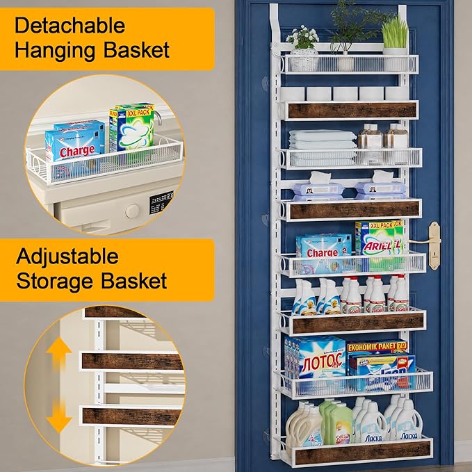 8 Tier Pantry Door Organizer Spice Rack, 2-IN-1 Wall Mount or Hanging Over Door Seasoning Organizer with Adjustable Baskets, Heavy Duty Behind Door Storage Shelves for Pantry, Cabinet and Kitchen