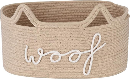 Sea Team Dog Toy Basket with Handles, 16.5 x 11 x 7 Inches, 4.4 Gallons Large Cotton Rope Storage Bin, Box, Shelf Organizer for Pet Chew Toys, Foods, Beige Woof