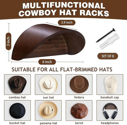Cowboy Hat Holder Rack for Wall, 4 Pack Hat Hooks with Non-Damage Brim Design, Rustic Wood Hats Hanger on Wall to Keep Original Shape of Hats, for Home, Closet, Entryway, Cabin, Western Room Decor