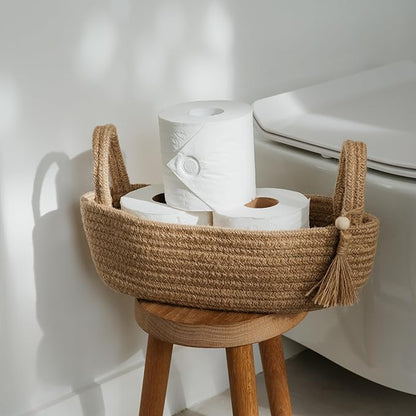 Decorative Toilet Paper Basket – Beautiful Bathroom Organizer for Toilet Tank Storage Decor – Boho Jute Cotton Rope Bin with Tassel for Bathroom Accessories and as Shelf Decor