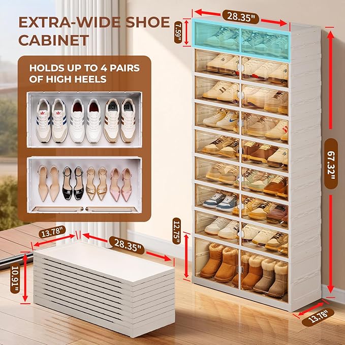 EHAMILY Foldable Shoe Rack Organizer 9-Tier, 27 Pairs Collapsible Shoe Storage Cabinet with Doors, Clear Plastic Stackable Shoe Organizer for Closet, with Boots Space, Easy Tool-Free Assembly, White