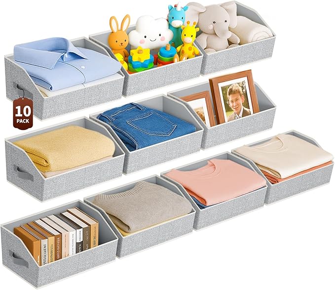 Homsorout Large Closet Organizers and Storage Bins - 10 Pack Trapezoid Storage Baskets for Shelves, Foldable Fabric Baskets with Handles Ideal for Closet, Basket, Wardrobe and Shelf Storage,Light Grey