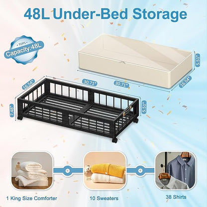 efluky 2-Pack Bamboo Under Bed Storage with Wheels, Rolling UnderBed Storage Basket with Large Dust Bag, Under Bed Storage Containers for Bedroom, Dorm and Basement, Black