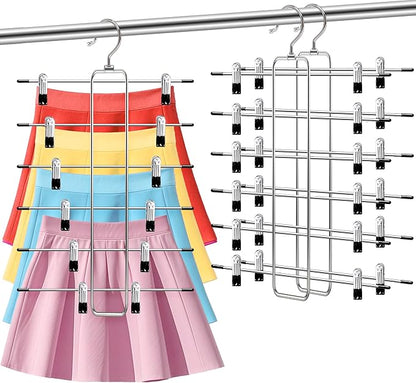 6-Tier Space Saving Pants Hangers with Clips, Multi-Functional Skirt & Jean Organizer for Small Closets, Dorm Room Essentials, 2 Pack Metal Clothes Storage