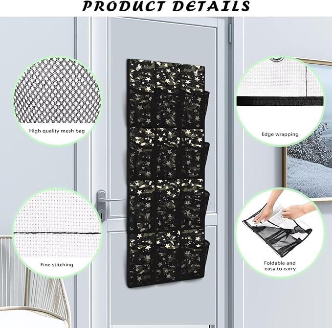 Camouflage Star Over the Door Shoe Organizer 12 Large Mesh Pockets Hanging Shoe Rack for Closet Foldable Shoe Organizer Door Hanger