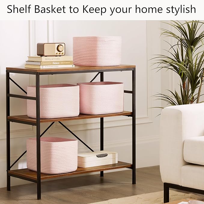Pink Storage Bins 4 Pack Rectangular Rope Basket for Shelves for Baby Nursery Organization 12.7"Lx9"Wx7.9"H