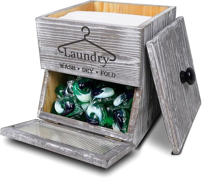 Farmhouse Dryer Sheets Holder & Laundry Pod Container, Rustic Grey Wooden Laundry Pod Dispenser, Dryer Sheets Container Laundry Room Organizers And Storage