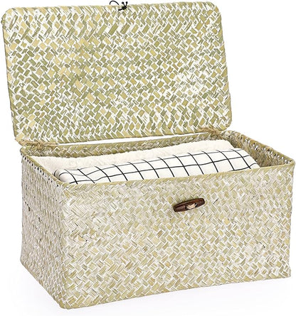 Hipiwe Seagrass Storage Basket Bins with Lid, Handwoven Wicker Shelf Baskets Bin Rectangular Household Basket Organizer Boxes for Shelf Closet Bedroom Home Decor, Whitewash Medium