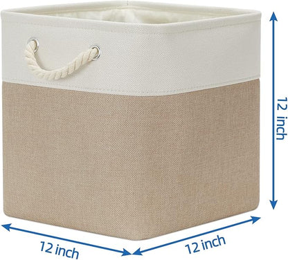 Temary 4 Pack Cube Storage Bins Cloth Baskets for Shelf, Fabric Storage Cubes 12 x 12 Baskets Gift Empty Basket with Handles, Basket for Storage (White&Khaki)