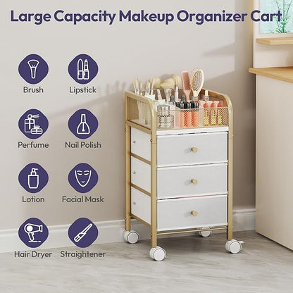 SWTYMIKI Rolling Makeup Organizer Cart - Under Desk Vanity Makeup Storage with 3 Non-woven Drawers, Nail Cart Organizer Cosmetic Display Cases Cabinet for Skin Care Perfume Nail Polish Brush Hair Tool