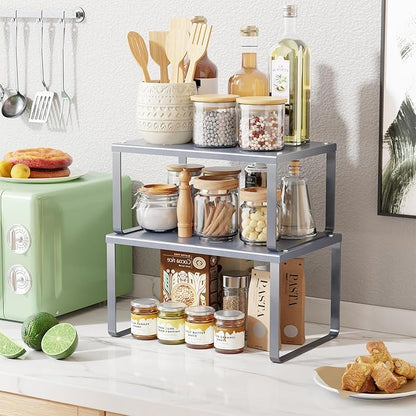 Simple Trending Cabinet Organizer Shelf, Set of 2 Kitchen Counter Shelves, Kitchen Storage, Stackable, Expandable, Metal Spice Rack for Cupboard, Bathroom, Desk, Pantry, Silver