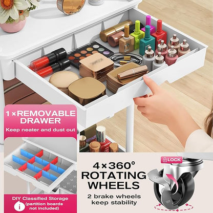 Goovilla Rolling Makeup Organizer Cart with Removable Drawer, 4 Tier Stable White Floor Skincare Storage Cart for Vanity, Cosmetic Display, Nail Polish, Perfume, Hair Stuff, Beauty, Bathroom(Plastic)