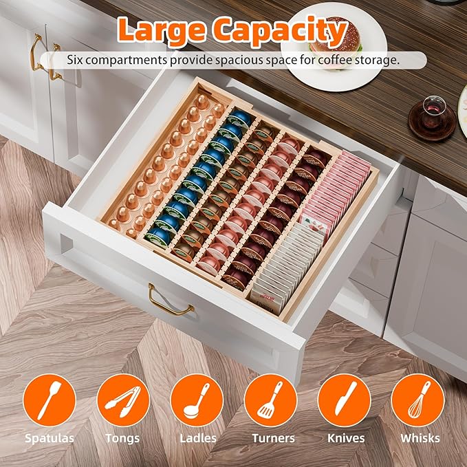 Simple Trending Bamboo Coffee Pod Holder Drawer, Expandable K Cup Pod Storage Compatible with Nespresso Vertuo Capsules, K Cup Drawer Organizer for Coffee Station, Home Office, Kitchen, Natural