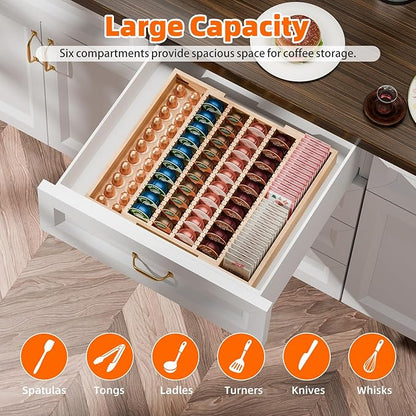 Simple Trending Bamboo Coffee Pod Holder Drawer, Expandable K Cup Pod Storage Compatible with Nespresso Vertuo Capsules, K Cup Drawer Organizer for Coffee Station, Home Office, Kitchen, Natural