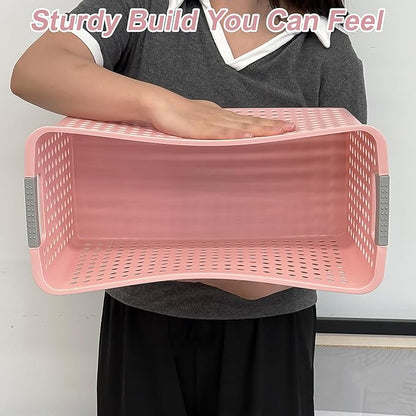 Soddeph Slim Plastic Storage Basket with Handles, Narrow Organizer box for Shelves, Organizer box for Organizing, Kitchen,Home,Office (Pink, Large)