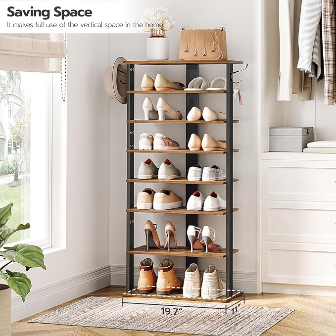 HOOBRO 8 Tiers Vertical Shoe Rack, Wooden Shoe Storage Organizer with Hooks, Narrow Shoe Tower for 16 Pairs, Space Saving, for Entryway, Living Room, Bedroom, Rustic Brown BF750XJ01