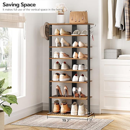 HOOBRO 8 Tiers Vertical Shoe Rack, Wooden Shoe Storage Organizer with Hooks, Narrow Shoe Tower for 16 Pairs, Space Saving, for Entryway, Living Room, Bedroom, Rustic Brown BF750XJ01