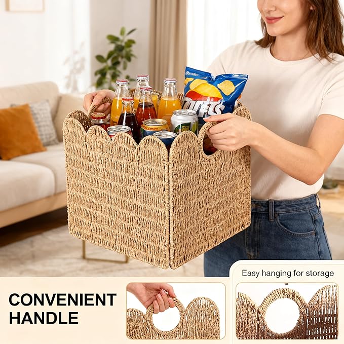 Scalloped Wicker Storage Cubes Basket, 12”x12“ Heavy Duty Paper rope/Hyacinth/Seagrass Baskets for Shelves, Foldable Natural Boho Square Bins (Paper Rope&12 x 12 x 12in&4-Pack)