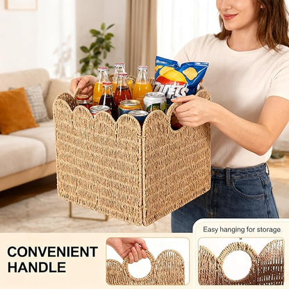 Scalloped Wicker Storage Cubes Basket, 12”x12“ Heavy Duty Paper rope/Hyacinth/Seagrass Baskets for Shelves, Foldable Natural Boho Square Bins (Paper Rope&12 x 12 x 12in&4-Pack)