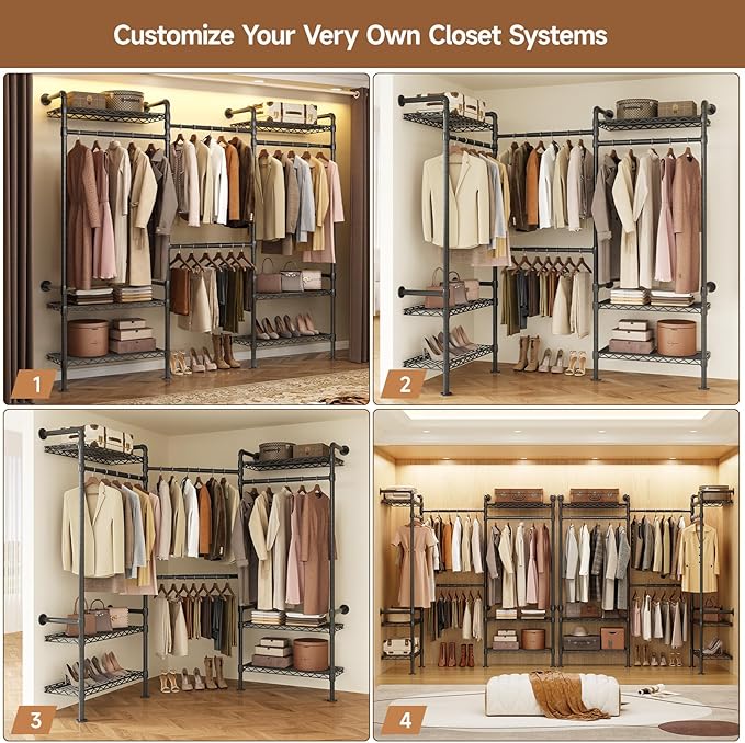 Wall-Mounted 3-Section Closet System, Expandable Industrial Pipe Clothing Rack with 4 Telescopic Rods & 6 Mesh Shelves, Heavy Duty Garment Organizer for Walk-In Closets & Bedrooms, Black