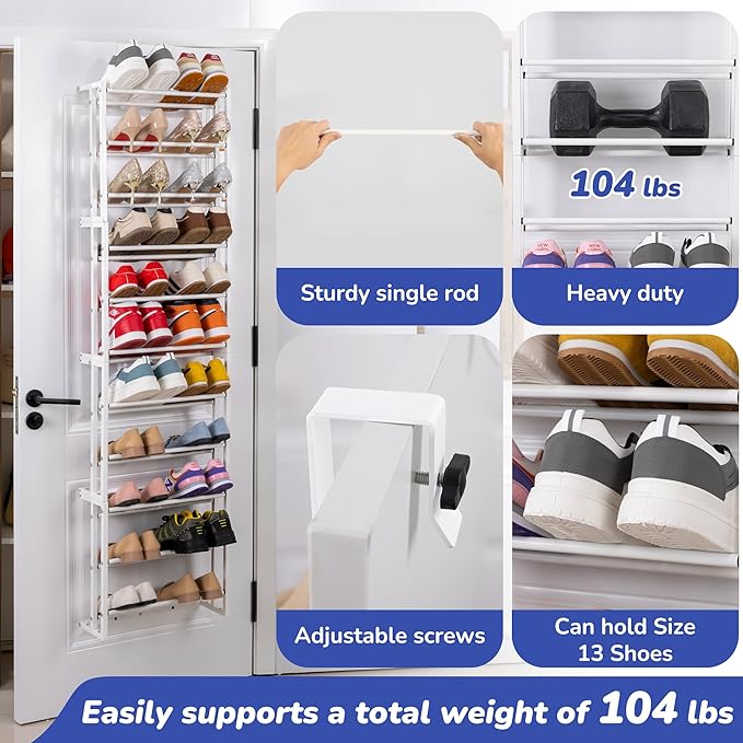 HUXOR 11 Tier Over The Door Shoe Organizer, Heavy-Duty Metal Shoe Rack for Door, Fit 22 Pairs Hanging Shoe Organizer for Sneakers, High Heel (White)