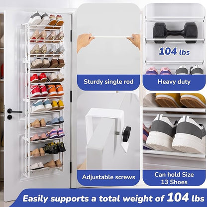 HUXOR 11 Tier Over The Door Shoe Organizer, Heavy-Duty Metal Shoe Rack for Door, Fit 22 Pairs Hanging Shoe Organizer for Sneakers, High Heel (White)