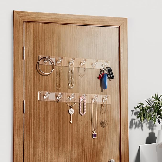 MaxGear Clear Acrylic Necklace Holder 2-Pack, Wall Mounted Jewelry Organizer with 12 Hooks, Tangle-Free Display for Necklace, Bracelet, Bangles, Ring, Perfect for Bathroom, Vanity, Closet Door