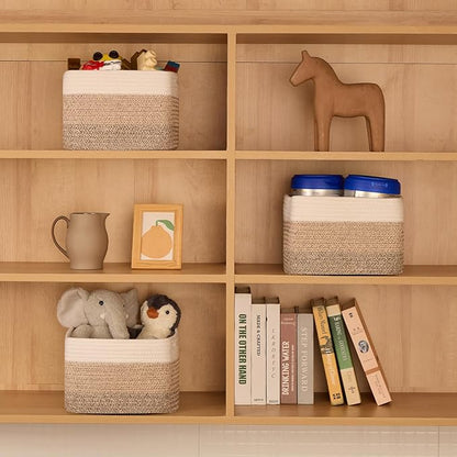 MiniArk Small Organizing Baskets for Cubes Shelf, 9.7x9.7x7.1 Inch Rope Woven Storage Bins for Nursery Shelves Storage, Cute Toy Basket, Square 3 Packs Gradient Brown