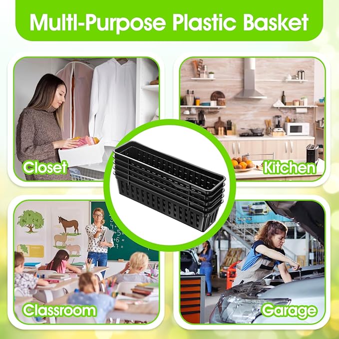 12 Pack Black Slim Plastic Storage Baskets for Organizing, 10.24 x 3.15 x 2.36 Inch Stackable Small Narrow Pencil Baskets, Drawer Storage Tray Holder for School Classroom Home Office Desk Cabinet
