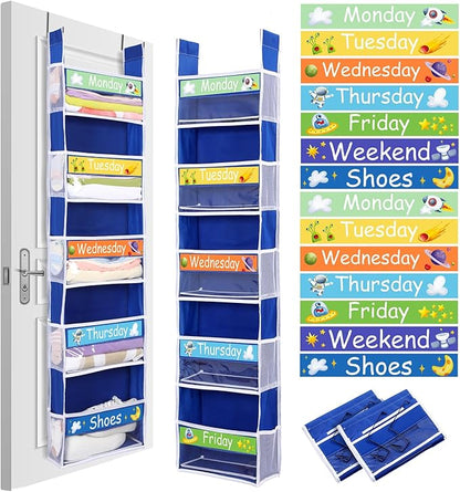 2 Pack 5 Shelf Weekly Clothes Organizer for Kids Over the Door Hanging Storage Monday through Friday Heavy Duty Clothes Organization for Bathroom Nursery Bathroom Kitchen(Blue)
