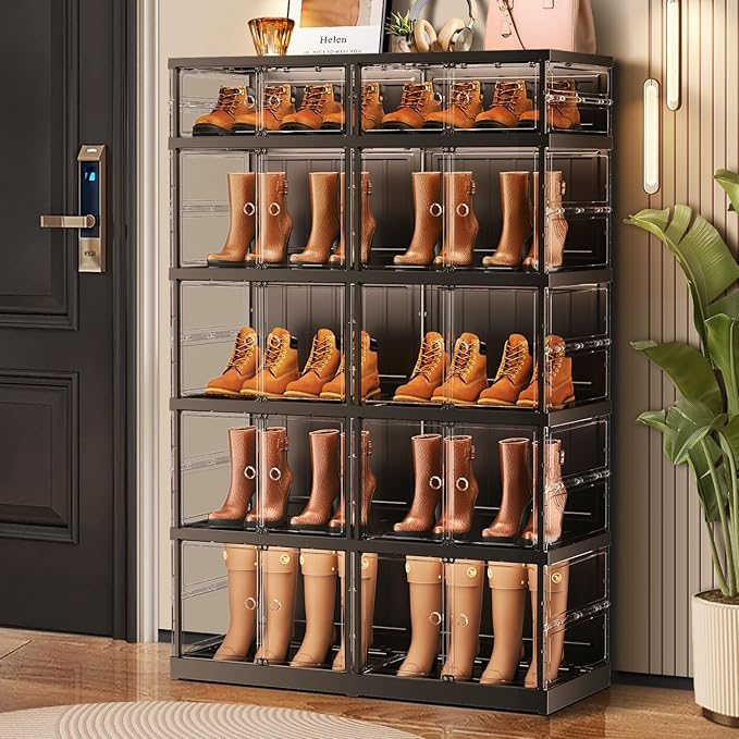 CIMLORD 5-Tier Foldable Shoe Rack for Closet Entryway 10-20Pairs,Stackable Clear Shoe Storage Boxes Organizer with Door Plastic Shoe Cabinet Bins with Lids Shoes Shelf Easy Assembly Large Black