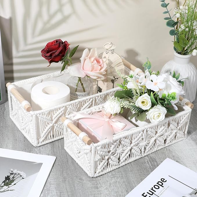 Kifmurase Macrame Storage Baskets 2PCS, Boho Woven Decorative Basket for Organizing with Handle, Countertop Toilet Paper Storage Container for Tank Bedroom Nursery Livingroom Entryway(White)
