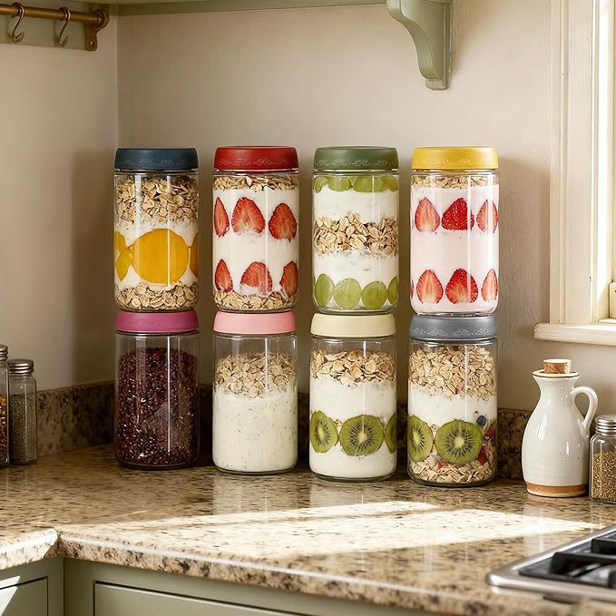 24 OZ Overnight Oats Jars with Lids 4 Pack, Glass Meal Prep Containers, Reusable Food Storage Jars, Airtight Mason Jars for Breakfast, Yogurt Parfait, Salad, Smoothies(4-2)