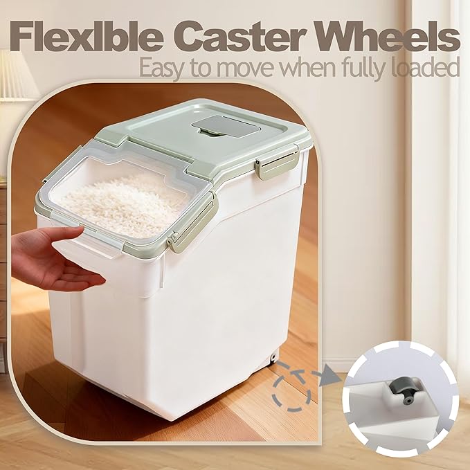 RUIAN 2Pcs Large Flour Storage Container Bin 50Lb Airtight Rice Storage Containers with Wheels Seal Locking Lid, BPA Free with Measuring Cup&Scoop for Flour, Rice, Grain 100LBS Total (Green)