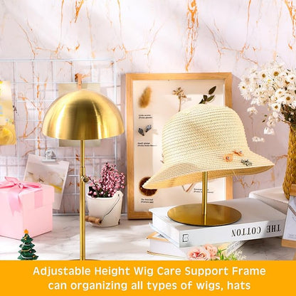 Sintuff 4 Pcs Hat Display Stand:adjustable 7.9-15.7inch Wigs Head Holder Stand Non Slip Stainless Steel Metal Rack for Multiple Hats Wig Storage Styling Practice(Gold,Round Base)