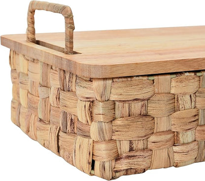 Household Essentials Stackable Hyacinth Baskets with Oak Lids, Natural, Set of 2