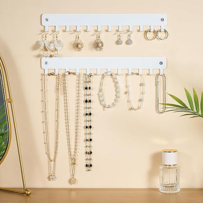 bussdis Drill-In Necklace Organizer: Sturdy Necklace Holder Wall Mounted with Hooks for Tangle-Free Jewelry Storage – Space-Saving Wall Necklace Hanger, White, 2 PCS