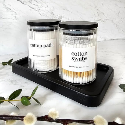 Mason & Fable Ribbed Glass Bathroom Jars & Tray Set | 10 fl oz, Set of 2 Storage Canister with Airtight Black Bamboo Lids | Cotton Pad/Swab/Q tip Holder/Bath Salt/Clear Vanity Apothecary Organizer