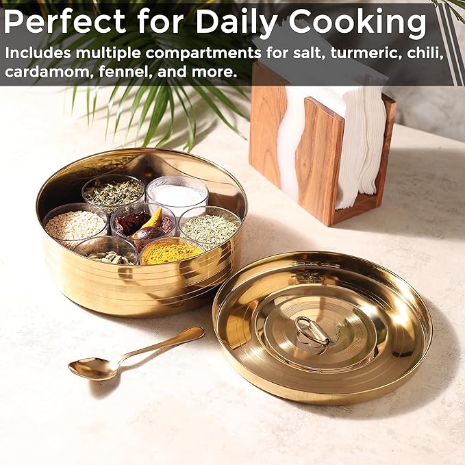 Prarabdh Golden Masala Box Gold Plated Spice Box with spoon for Kitchen