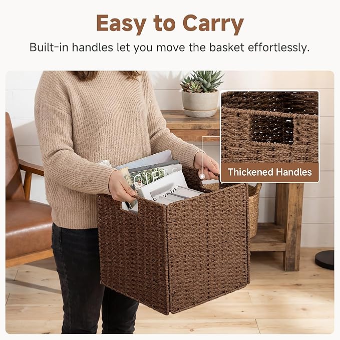 StorageWorks 13 inch Wicker Storage Baskets, Handwoven Wicker Basket for Organizing, Foldable Paper Rope Square Storage Cubes, Brown, 2 Pack